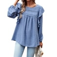 thumbnail image 3 of DYMADE Women's Fashion Long Sleeve Lace Ruffle Solid Color Round Neck Elegant Basic Blouse, 3 of 5