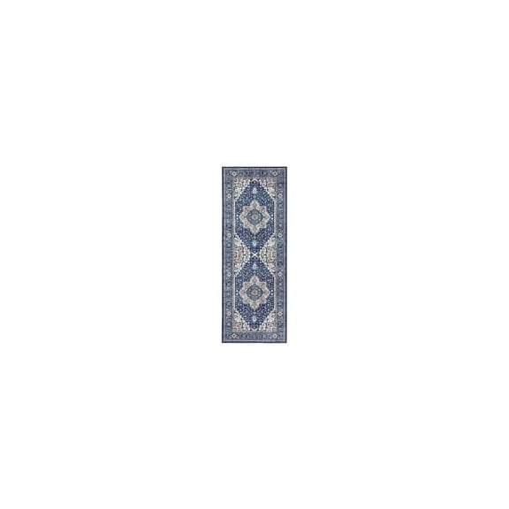 Nourison Fulton Vintage Bordered Medallion Non-Slip Flatwoven Indoor Rug Navy Ivory 1'10" x 5'