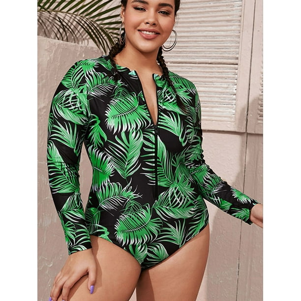 BeautyIn Women Plus Size Rash Guard One Piece Swimsuit Long Sleeve Zipper  Floral Bathing Suit