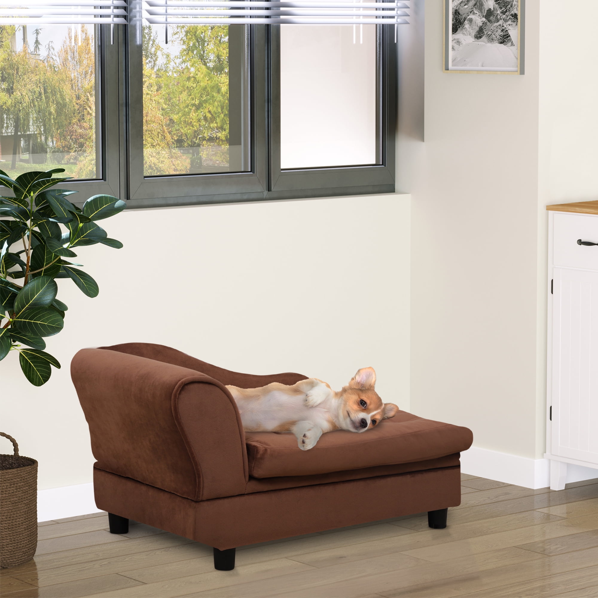 E-Western Luxury Small Dog Bed with Hidden Storage, Soft Foam Couch, Modern Pet Furniture for Puppies & Little Breeds, Brown
