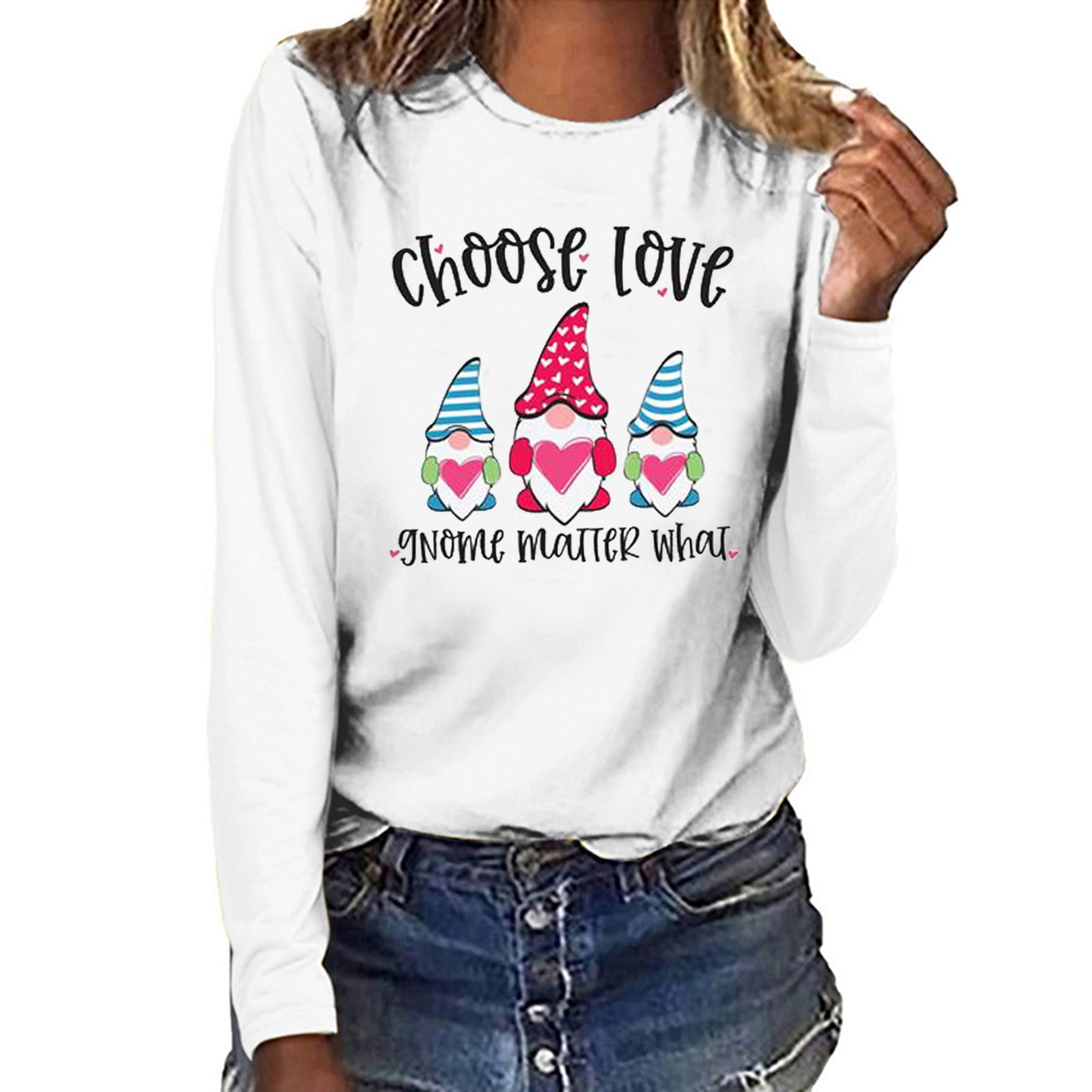 Valentine's Day Sweatshirt Women Love Gnome Print Shirt Long Sleeve Pullover Tops T-Shirt 