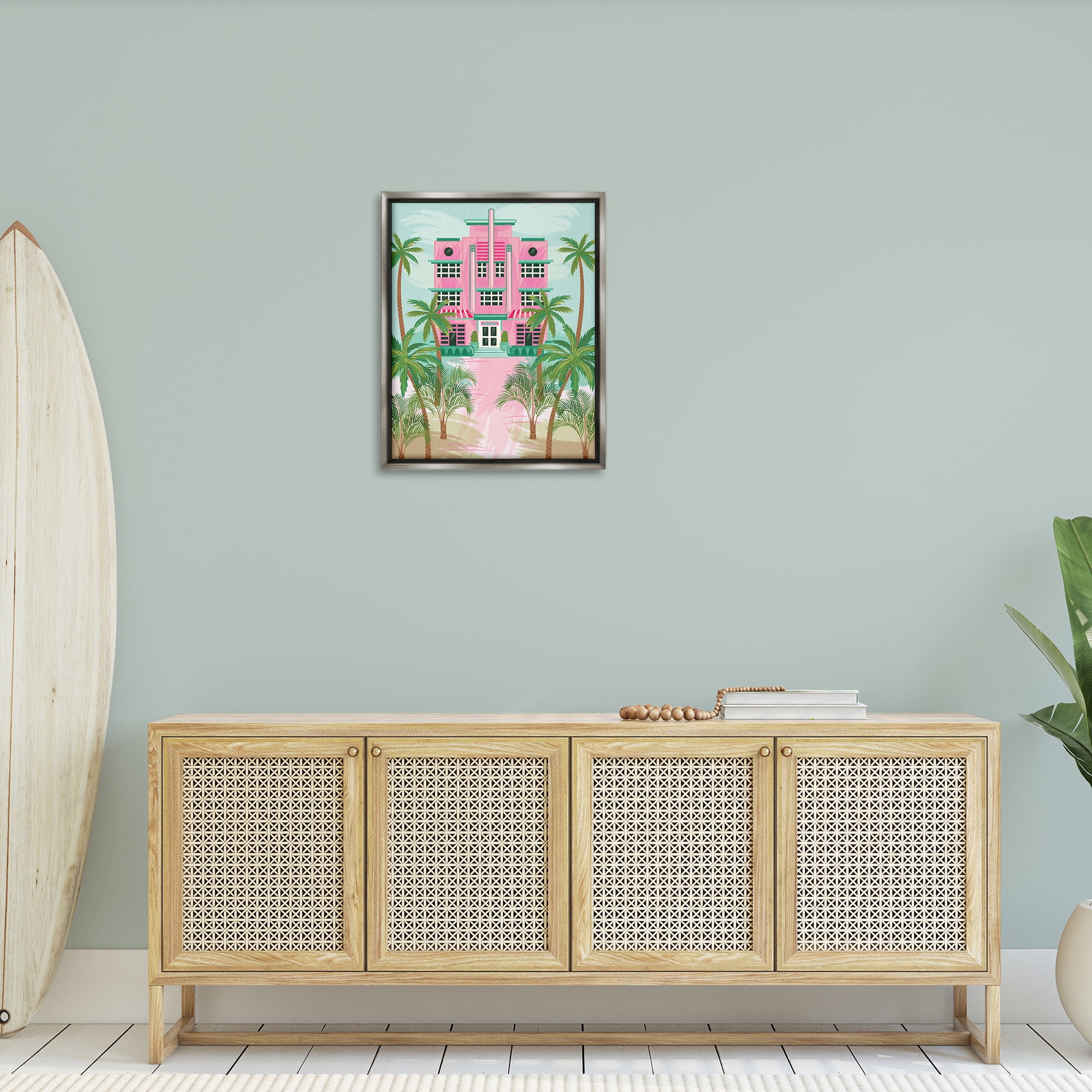 Stupell Industries Tropical Palm Hotel Nautical & Beach Painting Gray Floater Framed Canvas Art Print Wall Art, 25 x 31