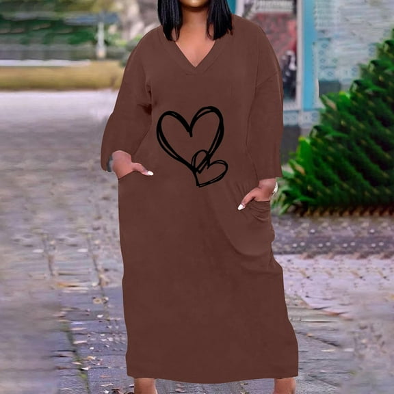 COSFO Brown Fall Dresses for Women 2024 Long Sleeve Love Heart Casual V-Neck Midi Dresses with Pockets Plus Size Loose Fit A-Line Dresses