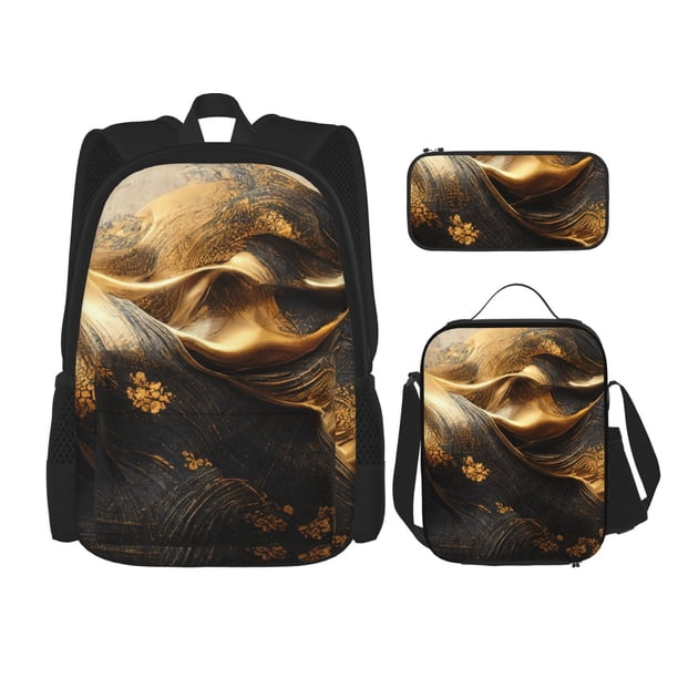 Disketp Luxurious Gold Flow Mochila Estampada de Gran Capacidad con Lonchera y Estuche, Set de 3 Piezas para Estudiantes