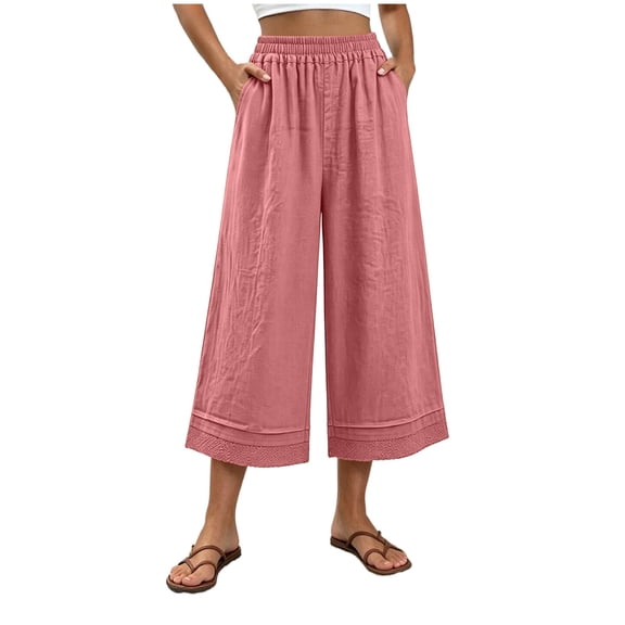 Liweisiy Women's Solid Color Palazzo Linen Capri Pants Elastic Waist Wide Leg Baggy Breathable Pants Summer Casual Daily Pants With Pockets White M