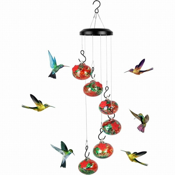 QIEZHON Charming Wind Hummingbird Feeder Hand Blown Glass Hanging Bird Feeder For Outdoors,And Proof,Outdoor Garden Bird Feeders