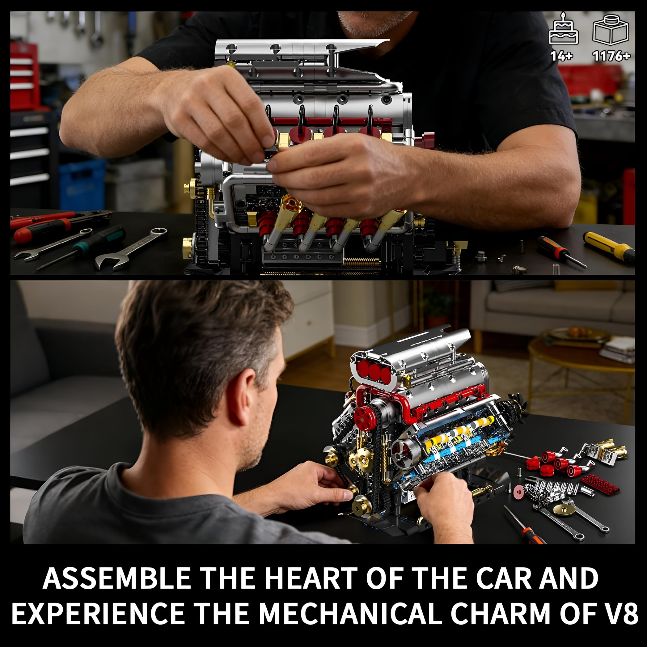 BESTSKY V8 Engine Model Kit That Runs, 8-Cylinder Car Engine Building Set with Rechargeable Motor, Compatible with for Adults, Engineering Construction Toy for Teens Boys (1176 PCS)