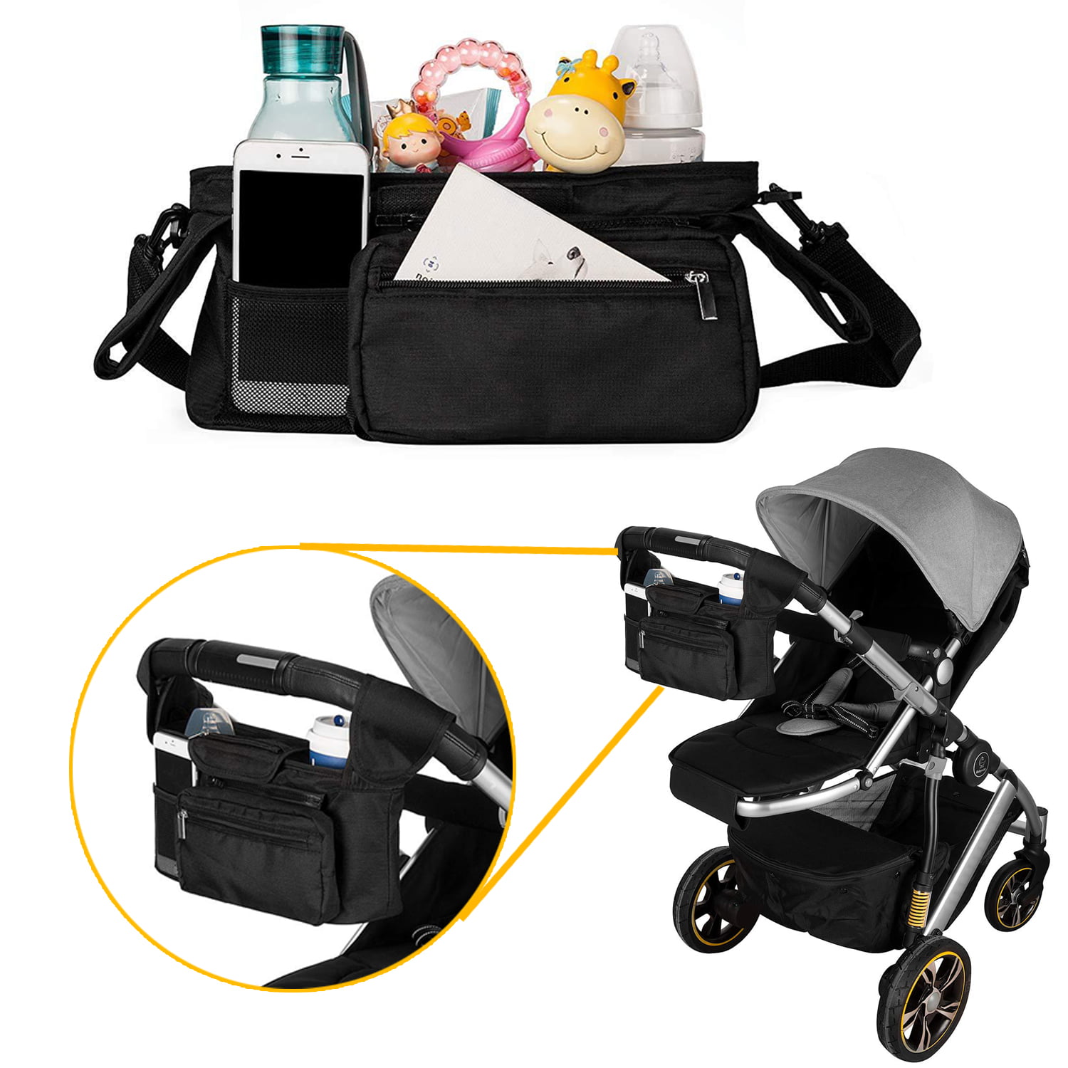 multiple pockets for phone & other uses. detachable shoulder strap Universal stroller organizer; built-in wipe dispenser pocket large space with bottle holders 
