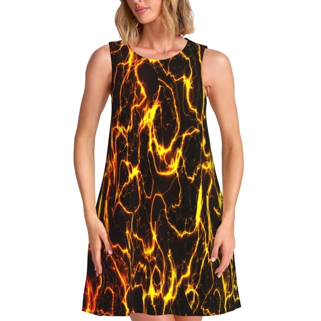 Fotbe Orange Lightning Vestido de Verano sin Mangas para Mujer – Vestido Midi Línea A, Estilo Camiseta Floral, Vestido Playero Casual y Fluido