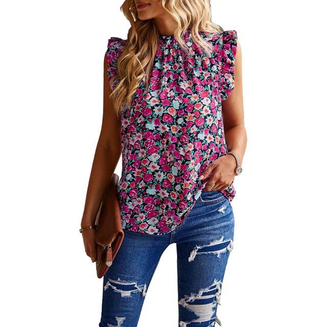 Top Sin Mangas,Blusa Sin Mangas con Estampado Floral para Mujer Blusa Sin Mangas con Estampado Floral para Mujer Blusa con Cuello Alto Y Estampado Floral Uso Conveniente
