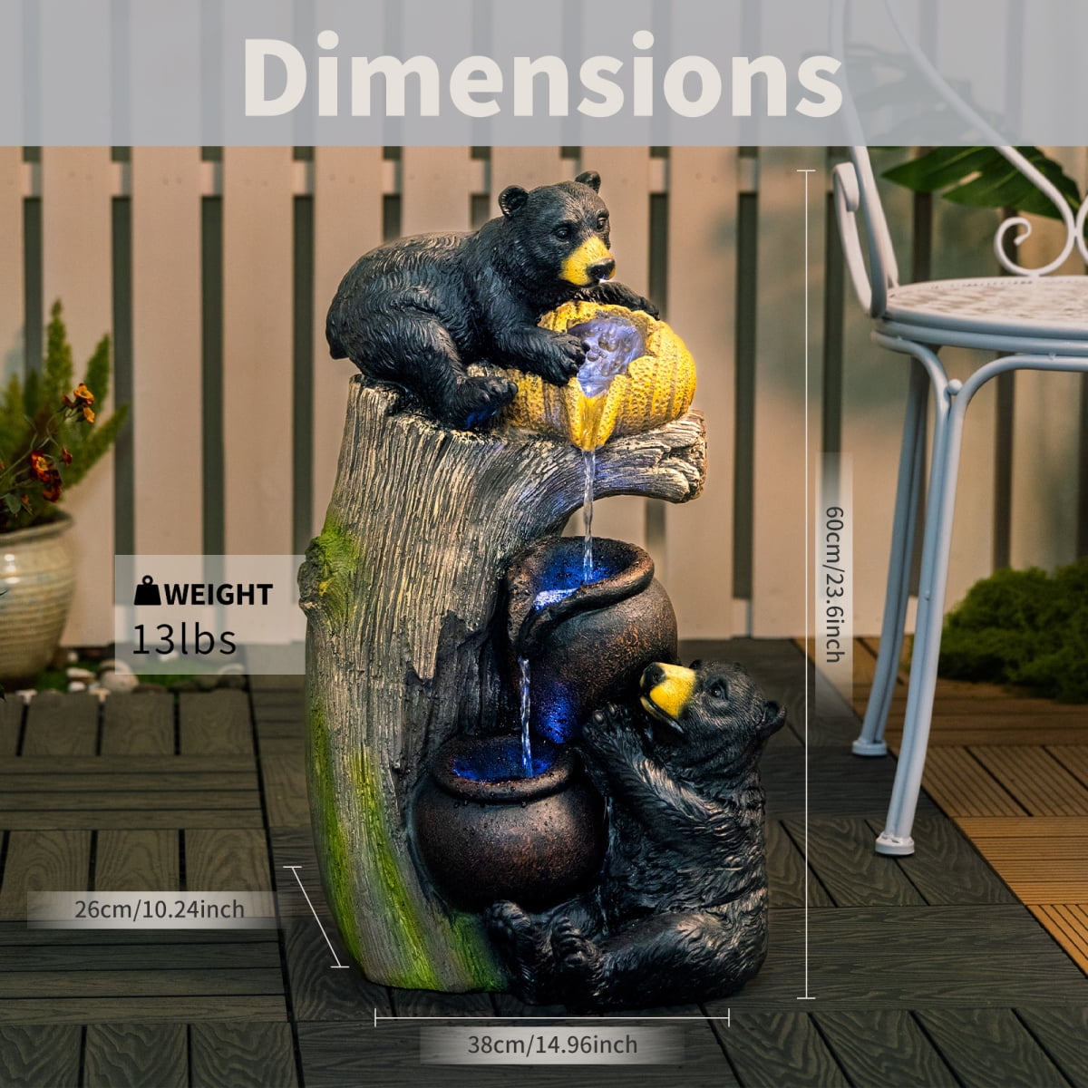 Bear Outdoor Water Fountain with LED Lights Cascading 23.62 Inch Garden Decor for Patio Yard Balcony