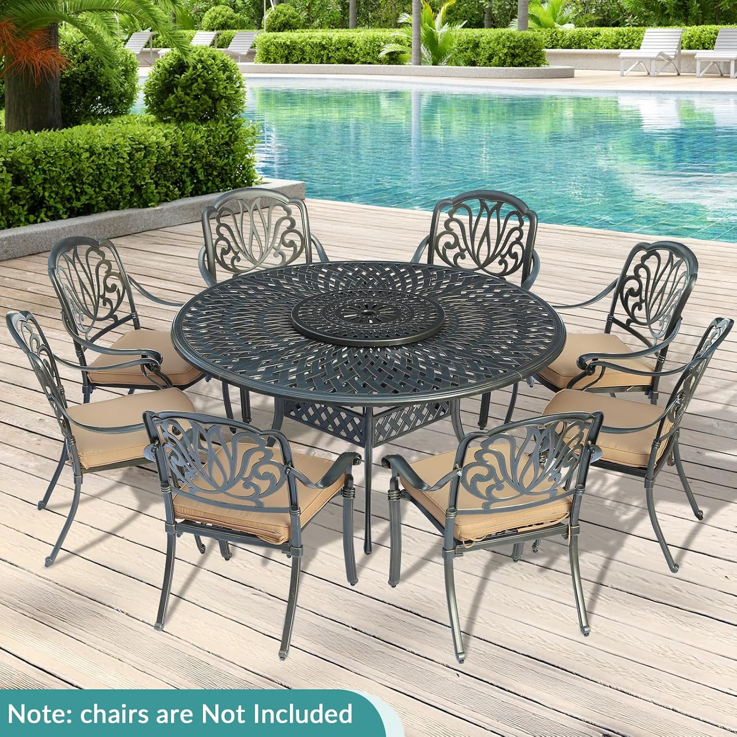 MEETWARM Outdoor 61" Round Patio Dining Table with Detachable Lazy Susan, All Weather Cast Aluminum Large Patio Furniture Table Set for 8 Seat with 24" Rotating Tray, Umbrella Hole, Dark Bronze