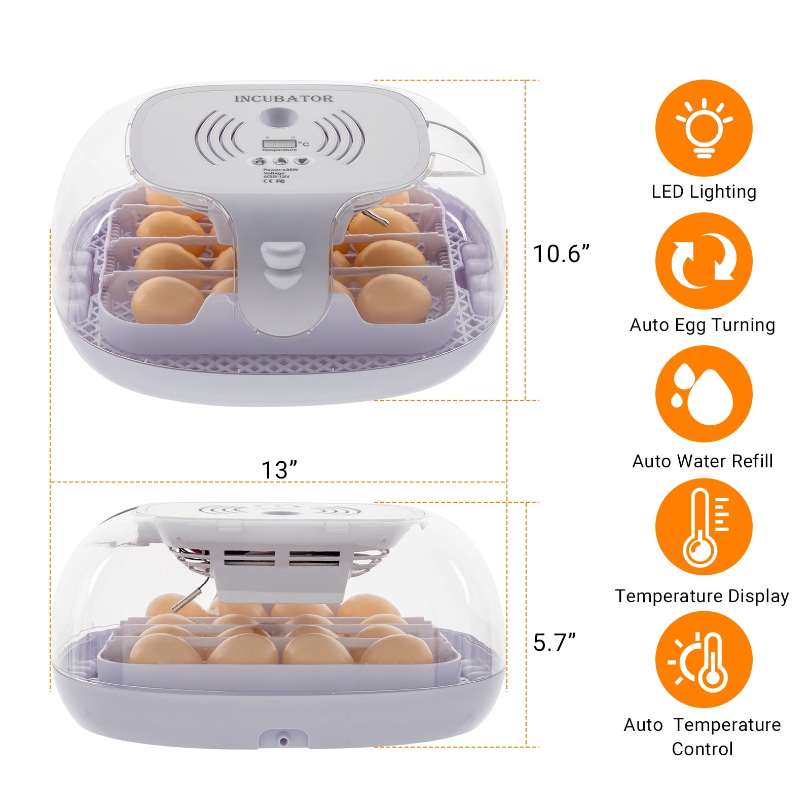 Pefilos 360 Degree View Egg Incubators for Hatching Eggs, 16 Eggs Incubator with Automatic Egg Turning, Egg Candler for Hatching Chicken Duck Quail Goose Birds, White