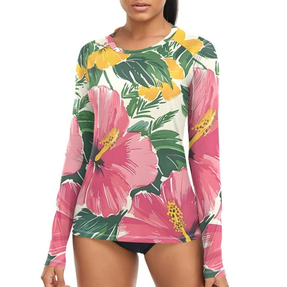 joogoo Womens UPF 50  Rash Guard Hibiscus Flower Leaf Long Sleeve UV Protection Sun Shirts Tops S