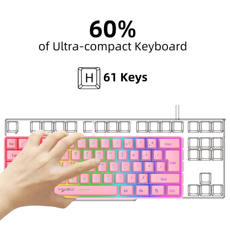 Mini 60% Gaming/Office Keyboard,Waterproof Keycap Type Wired RGB Backlit Compact Computer Keyboard For Windows/Mac/Laptop Pink
