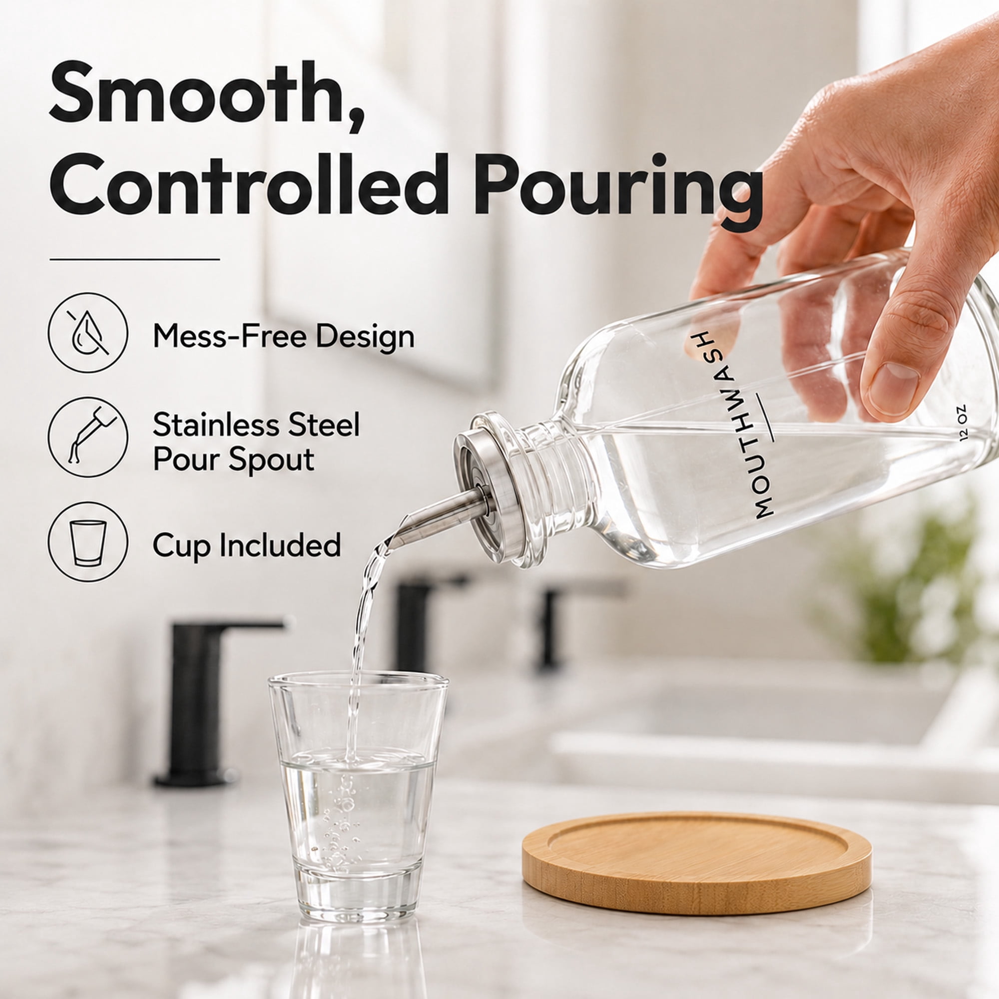 Clear Glass Mouthwash Dispenser Set with Cup and Bamboo Tray, 12 oz Bathroom Countertop Accessory