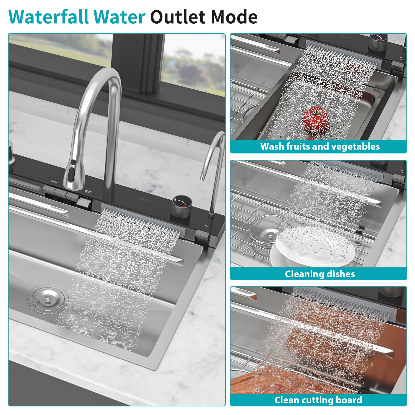 30" Kitchen Sink Waterfall Sink - 30 x 19 x 9 inch Multifunction Single Bowl 16 Gauge Stainless Steel Ledge Workstation Smart Top Mount Kitchen Sinks