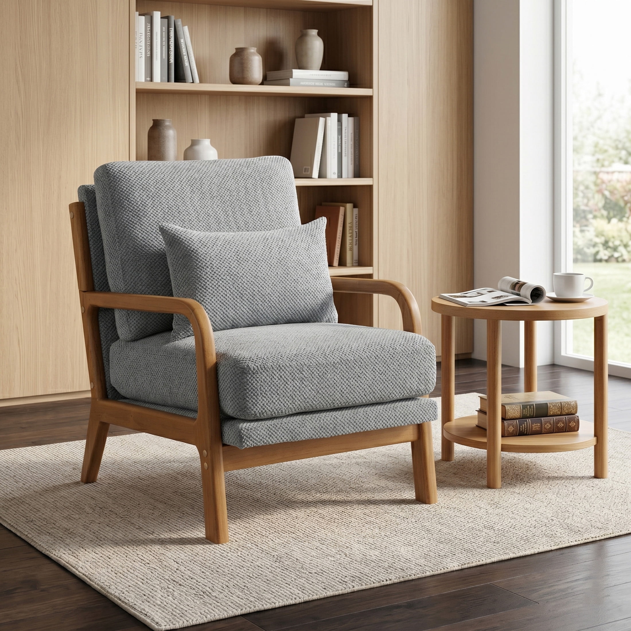Noble House Mid-Century Modern Lounge Chair, Upholstered Accent Armchair with Solid Wood Frame, Light Gray