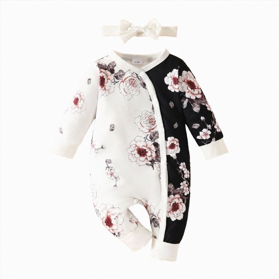 NIEWTR 0 3 6 9 12 18 24 Months Baby Pajamas Girls Sleepsuit Toddler Rompers Long Sleeve Crewneck Floral Print Infant One Piece Playwear Outfit(A-White,6-9 Months)