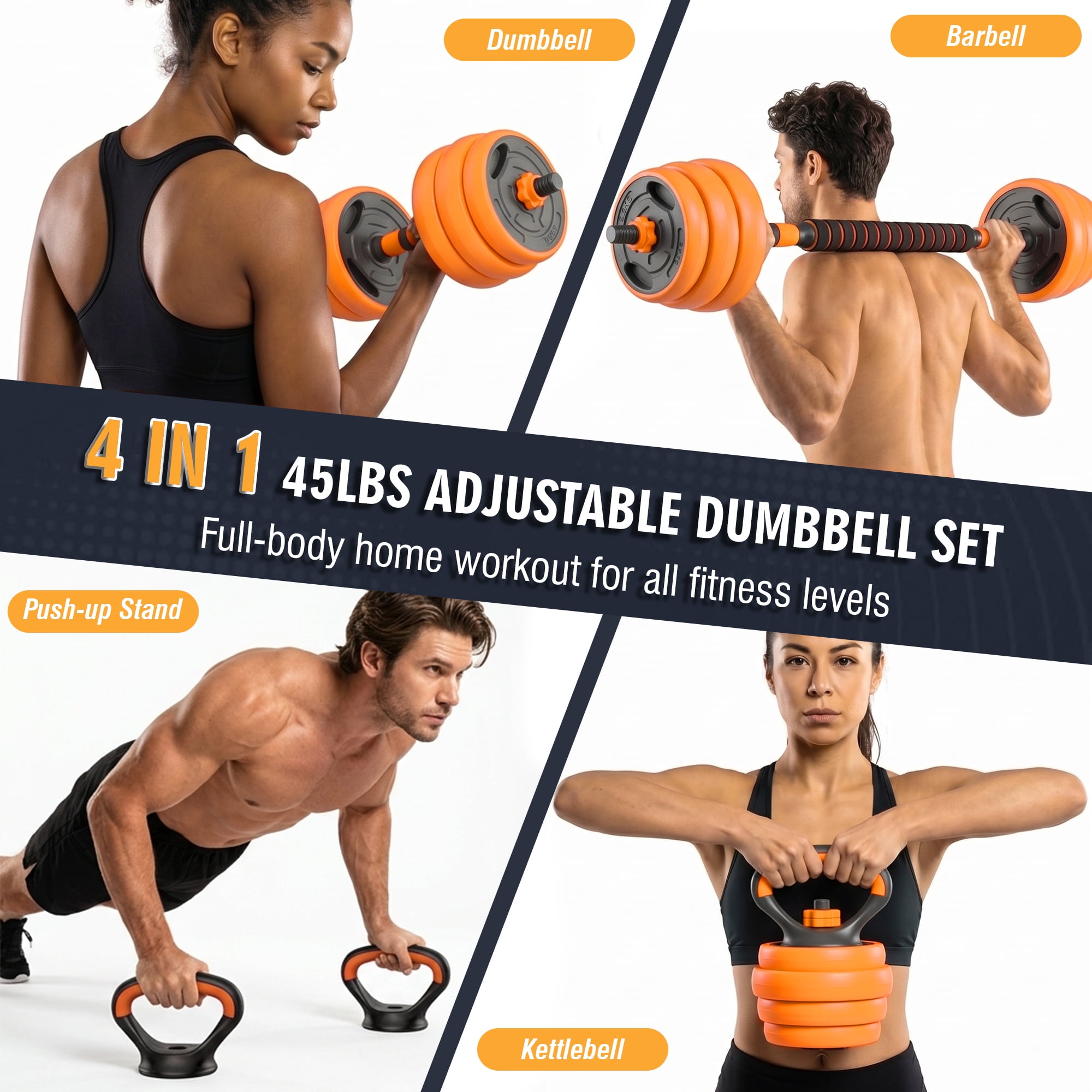 Leumius Adjustable Dumbbell Set,66LBS 4-in-1 Adjustable Weights Dumbbells, Barbell, Kettlebells with Anti-slip Silicone Grip,Weight Set for Home Gym Suit both Men and Women,Orange