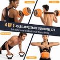 thumbnail image 5 of Leumius Adjustable Dumbbell Set,66LBS 4-in-1 Adjustable Weights Dumbbells, Barbell, Kettlebells with Anti-slip Silicone Grip,Weight Set for Home Gym Suit both Men and Women,Orange, 5 of 9