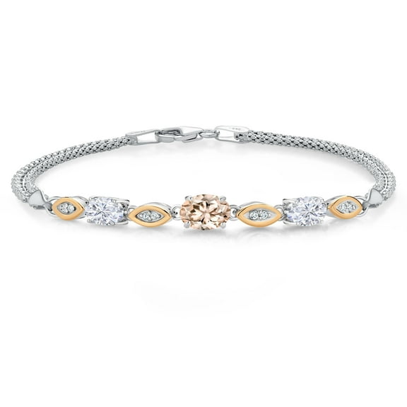 Gem Stone King 925 Silver and 10K Yellow Gold Peach Morganite and White Moissanite and White Lab Grown Diamond Bracelet for Women (1.71 Cttw, Gemstone October Birthstone, Oval, Wheat Chain, 7 inches)