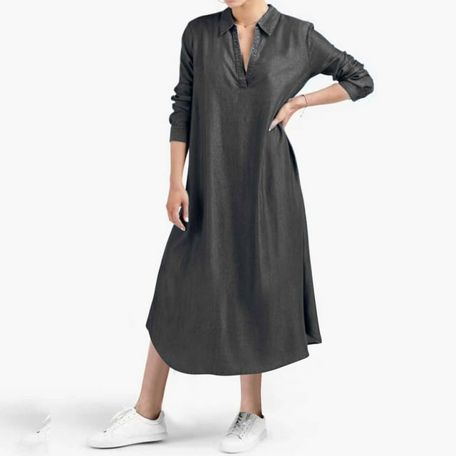 JMKQLZ Robe d'Été Décontractée à Manches Longues et Col en V pour Femmes