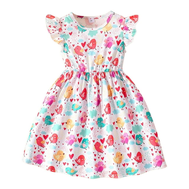 LUOGENLI Robe Fillette Tout-Petits Volants Sans Manches Imprimés Floraux Côtelée Robe Mode Vêtements Jupe Maxi Noire avec Poches Blanc 3-4 Ans