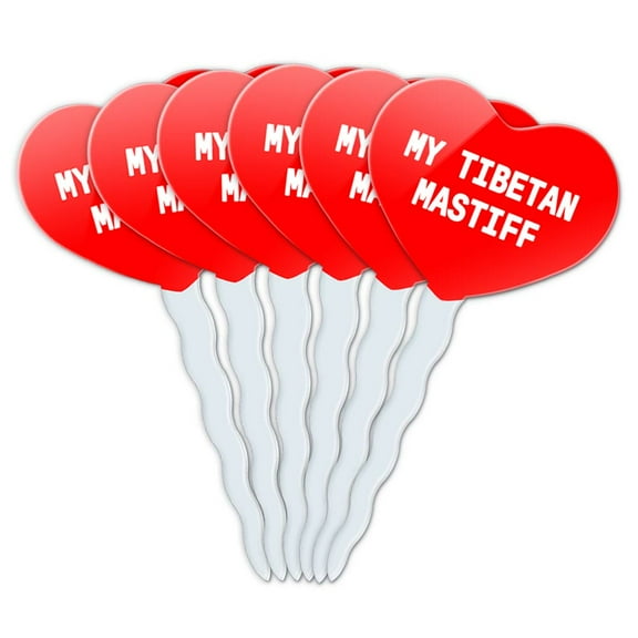 Tibetan Mastiff Heart Love Cupcake Picks Toppers - Set of 6