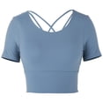 thumbnail image 1 of Tops deportivos sexys de verano para mujer, camisetas de manga corta para yoga, fitness, entrenamiento, accesorios deportivos, mediano, azul, gris, M, 1 of 10