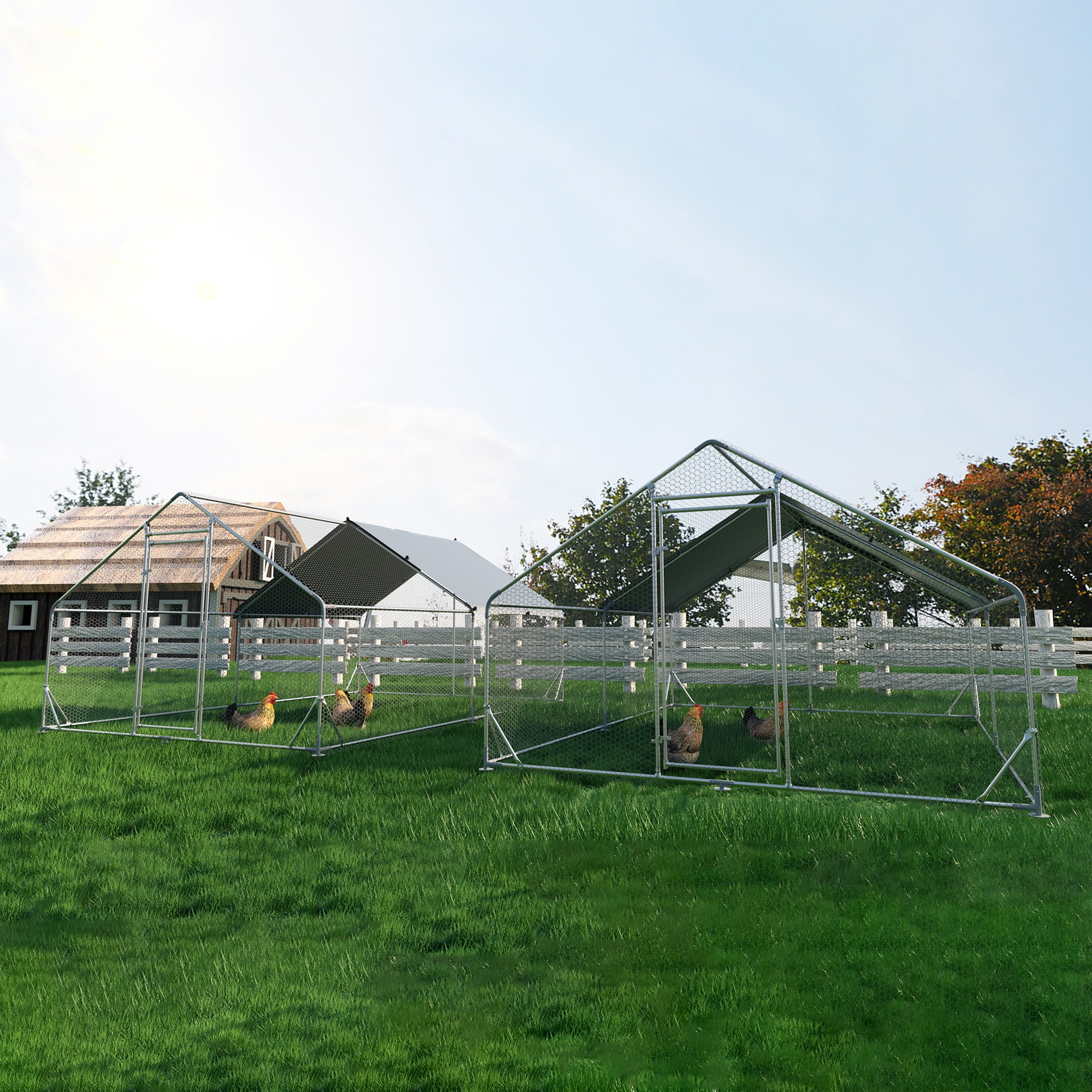 Pefilos 13'L Outdoor Large Chicken Coop, Walk-in Metal Poultry Cage Hen Run House Rabbits Habitat Pen with Waterproof and Anti-Ultraviolet Cover, Silver
