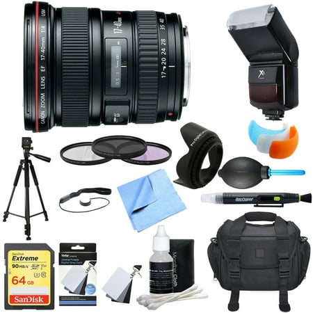 Canon (8806A002) EF 17-40mm F/4 L USM Lens Ultimate Accessory Bundle includes Lens, 64GB SDXC Memory Card, Flash, Flash Cover, Tripod, 77mm Filter Kit, Lens Hood, Bag, Cleaning Kit and