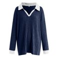 thumbnail image 5 of zaveiop Women Plus Size Casual Knit Sweater Lapel V Neck Solid Color Tops Lightweight Long Sleeve Blouses (Dark Blue, 4XL), 5 of 8