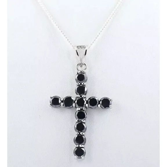 2.00 CT Round Cut Lab-Created Black Diamond Cross Pendant Necklace 14K White Gold Plated