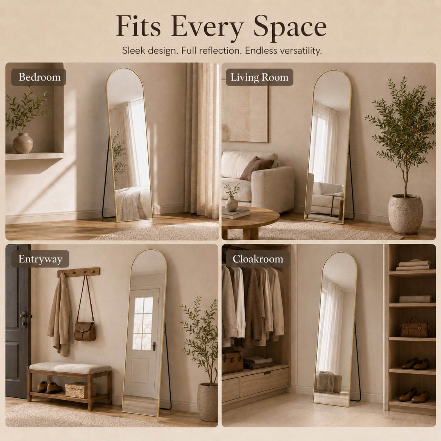Easy4Home 56"x15" Full Length Mirror Arched Freestanding Floor Mirror with Metal Frame, Gold