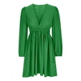 thumbnail image 5 of Olyvenn Womens Plus Size Bubble Babydoll Midi Dress Fashion Stylish Solid House Dress Trendy Deep V Neck Cropped Elastic Waist Loose Casual Smocked Ruffled Puff Long Sleeve Prom Dress Green 10, 5 of 6
