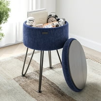 LammaLoe Small Round Ottoman with Storage, Textured Velvet Ottoman Foot Stool with Lid, Upholstered Vanity Stool for Living Room & Bedroom, Blue