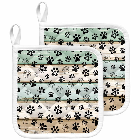 Teal Brown Paw Print Pot Holders for Kitchen Heatproof Potholder, 2 Pack Vintage Farmhouse Wooden Grain Hot Pads Multipurpose Oven Pads Cloth Potholders Trivet for Cooking and Baking