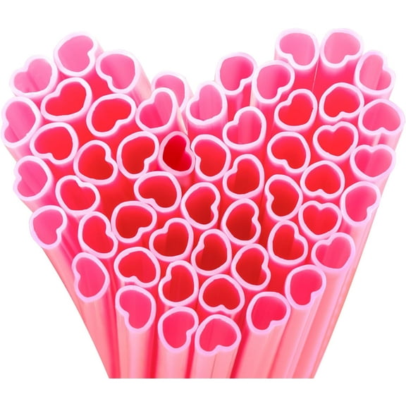 50pcs Heart Shaped Pink Straws 8mm Individually Wrapped Disposable Drinking Straws for Galentine's Brunches,Cocktail, Birthday Parties, Pastel Weddings & Bridal Shower Decorations