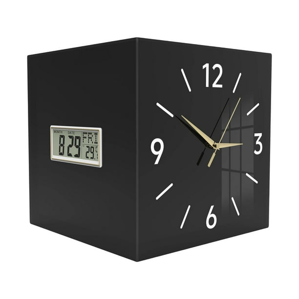 Reloj de pared esquinero decorativo con calendario moderno y silencioso, indicador de fecha y día de la semana, reloj digital Negro