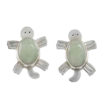 NOVICA Jade button earrings, 'Apple Green Marine Turtles'
