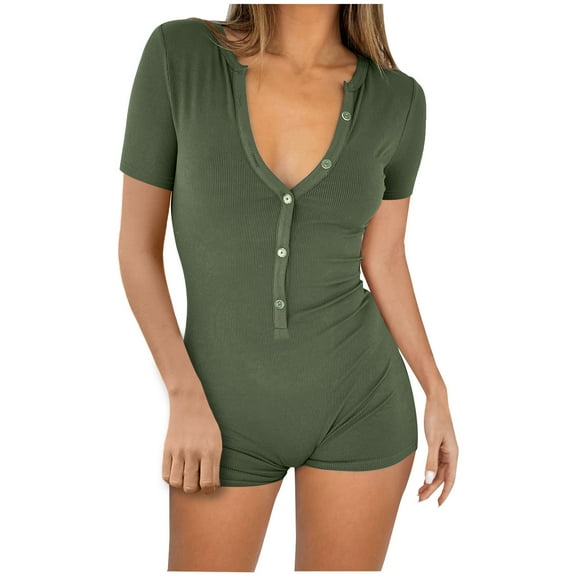Generic Womens Button Up Knit Pajama Bodycon Romper Shorts Short Sleeve Collared Sexy One Piece Loungewear