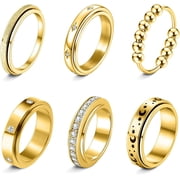 Fidget Rings for Anxiety 6pcs Stainless Steel Spinner Ring Anti Anxiety Ring Spinning Moon Star Cool Stress Relieveing CZ Rings for Women Men Band Rings Set