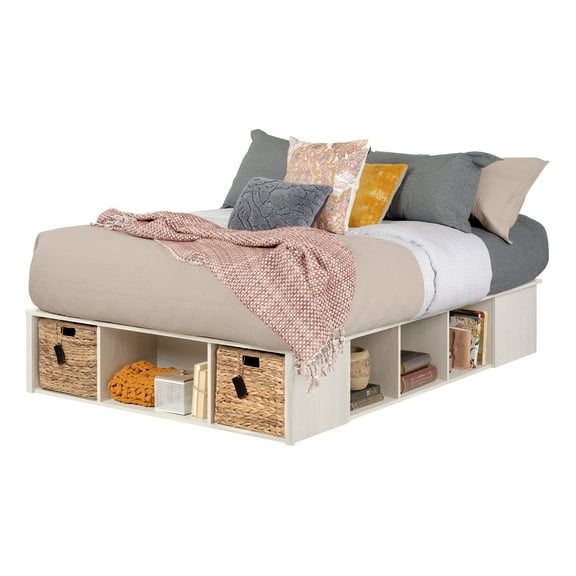 South Shore Lilak Storage Full size Bed with Baskets, Winter Oak and Rattan