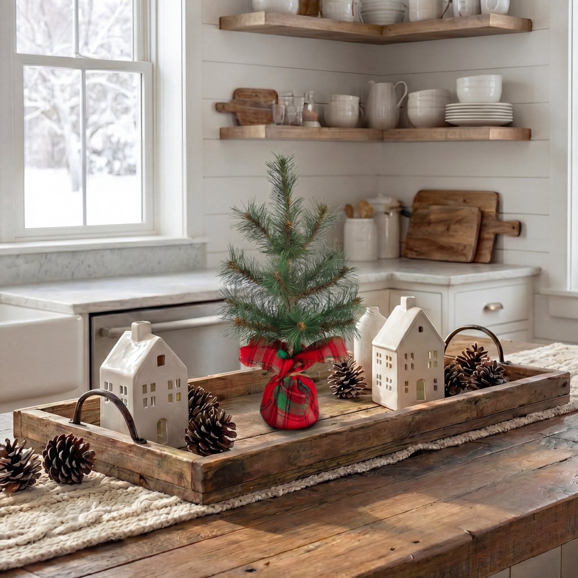 16in. Artificial Christmas Tree with Tartan Plaid Flannel Wrapped Base
