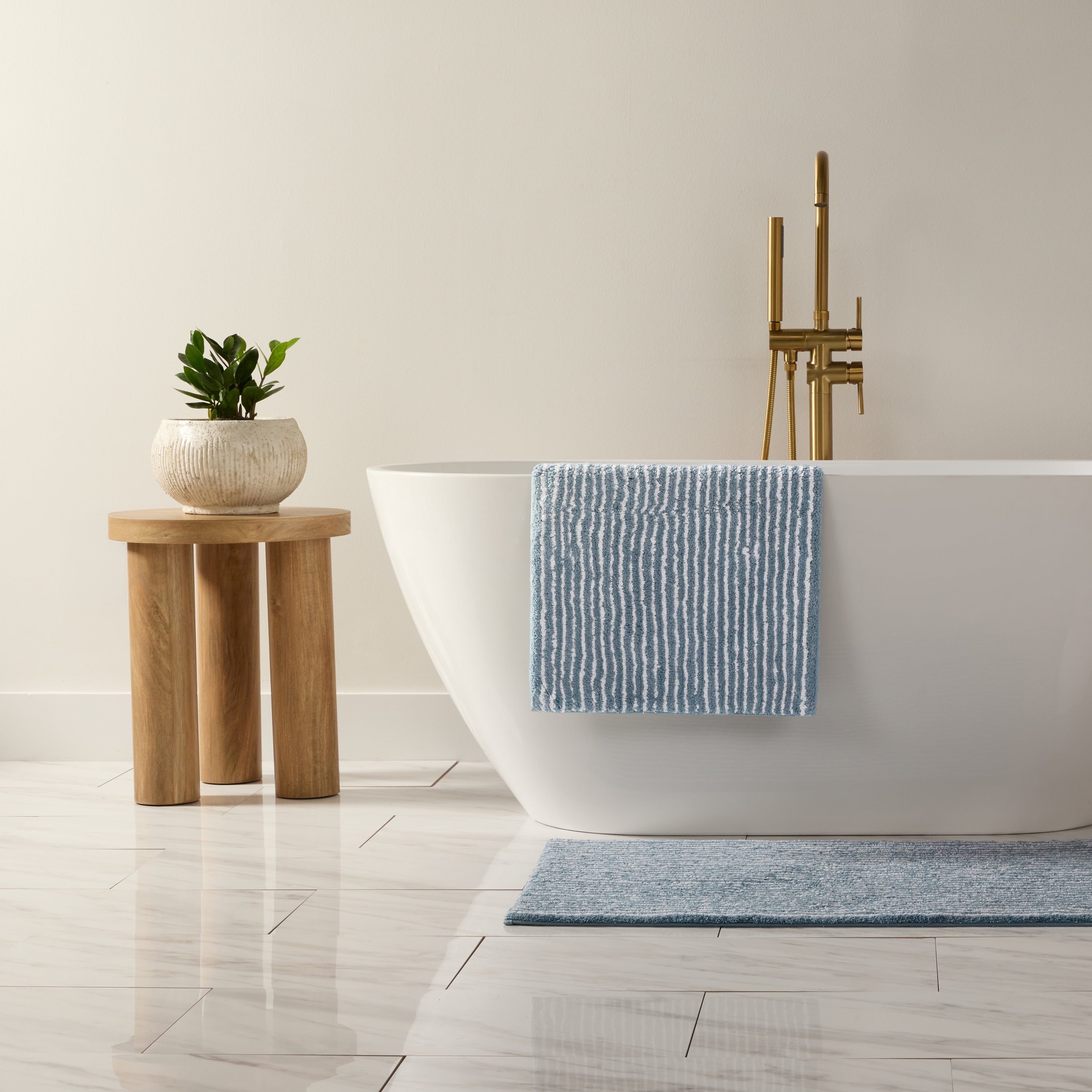 100% Cotton Pinstripe Patterned Bath Mat by Comfort Canopy, Light Blue, 34" x 21"