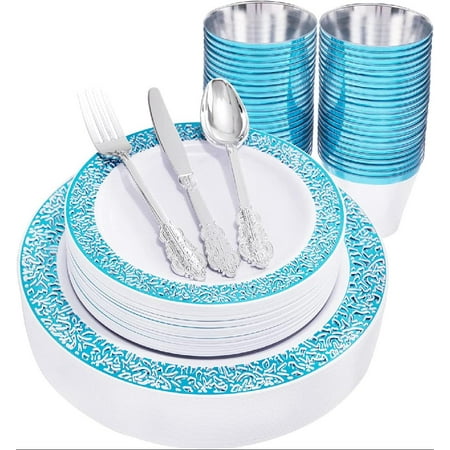 180PCS Blue Plastic Plates with Silverware, Blue Plastic Dinnerware Set Includes: 30 Dinner Plates, 30 Dessert Plates,30 Blue Cups and 30 Cutlery Sets for Fathers Day