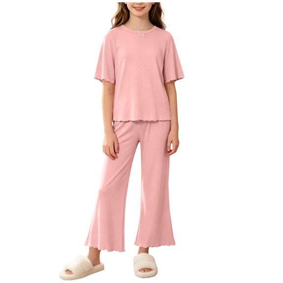Agkizg Kids Girls Clothing Set Solid 2 Piece Outfit Short Sleeve Crewneck Top Pants Set