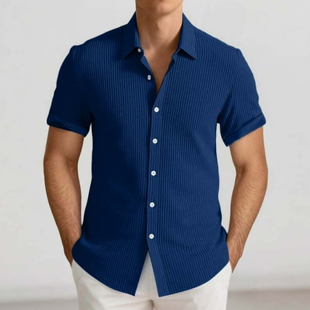 Gyexs Mens Short Sleeve Button Down Shirts Navy Stretchable Soft Tops Textured Relaxed Fit T-Shirt Activewear Men Apparel Size XXL