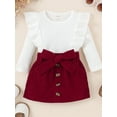 thumbnail image 3 of hirigin Baby Girl Autumn Clothes Set, Solid Ribbed Long Sleeve Ruffled Pullover + A-Line Skirt with Bow Belt, 3 of 8